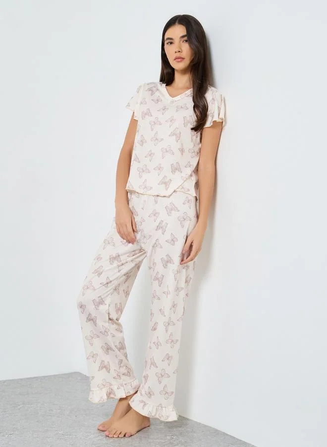 تايك تو Take Two Butterfly Print V Neck T-Shirt and Pyjama Set