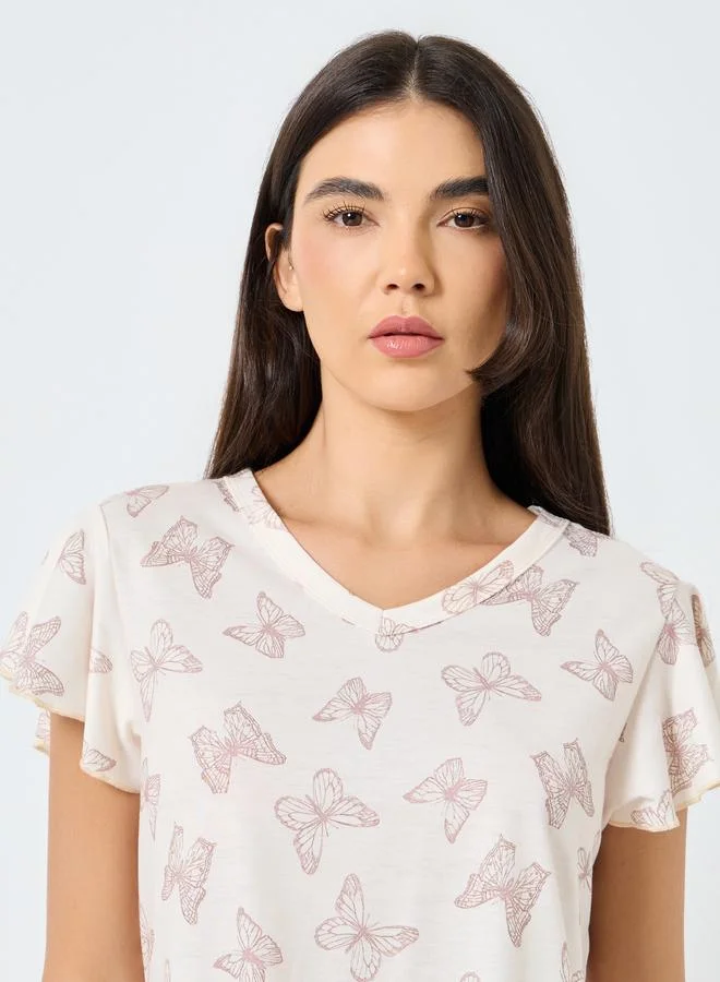 Take Two Take Two Butterfly Print V Neck T-Shirt and Pyjama Set