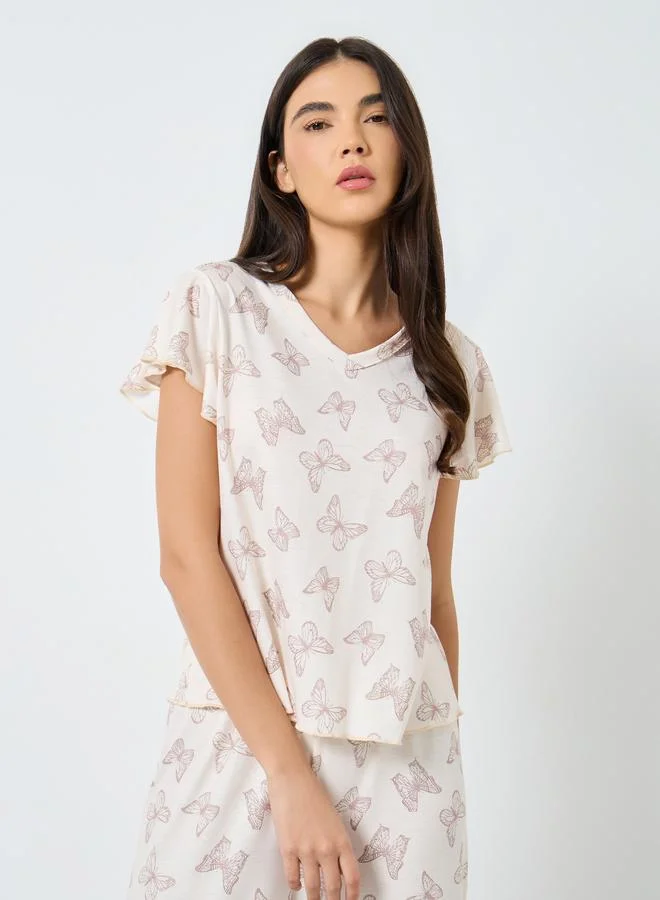 تايك تو Take Two Butterfly Print V Neck T-Shirt and Pyjama Set
