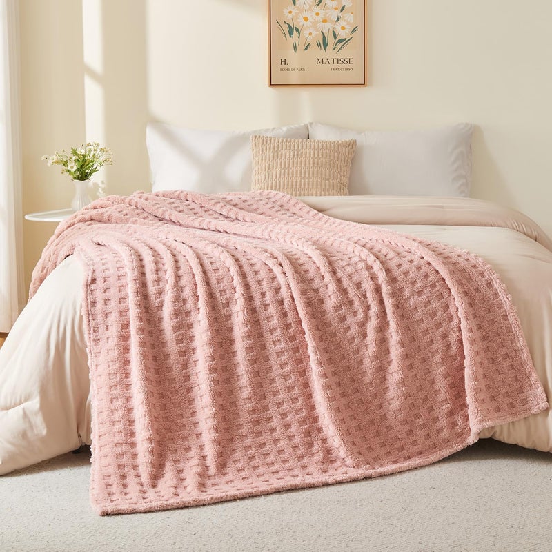 Wajade Fleece Throw Blanket, Fluffy Faux Fur Blanket for Bed Sofa Couch, Soft Warm Thick Blanket,waffle Pink-178X203 - Image 4