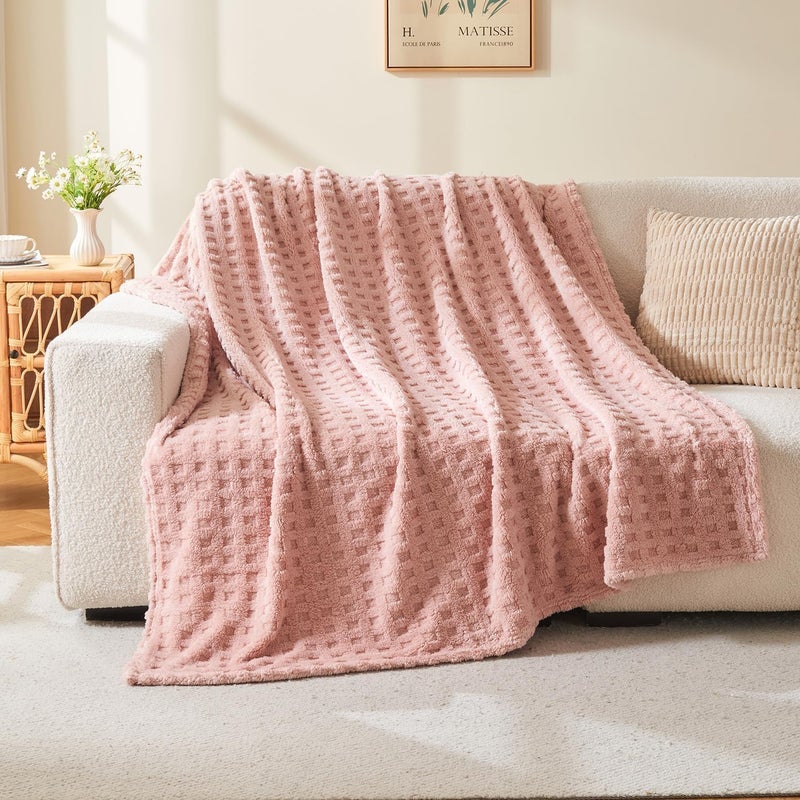 Wajade Fleece Throw Blanket, Fluffy Faux Fur Blanket for Bed Sofa Couch, Soft Warm Thick Blanket,waffle Pink-178X203 - Image 2