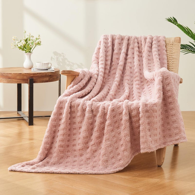 Wajade Fleece Throw Blanket, Fluffy Faux Fur Blanket for Bed Sofa Couch, Soft Warm Thick Blanket,waffle Pink-178X203 - Image 3