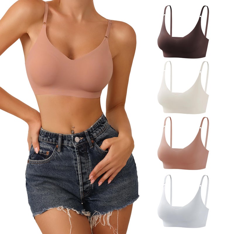 DEANGELMON 4 Pieces V Neck Bralettes Padded Seamless Adjustable Straps Bra Everyday Basic Sleeping Bras (4P1,S) - Image 1