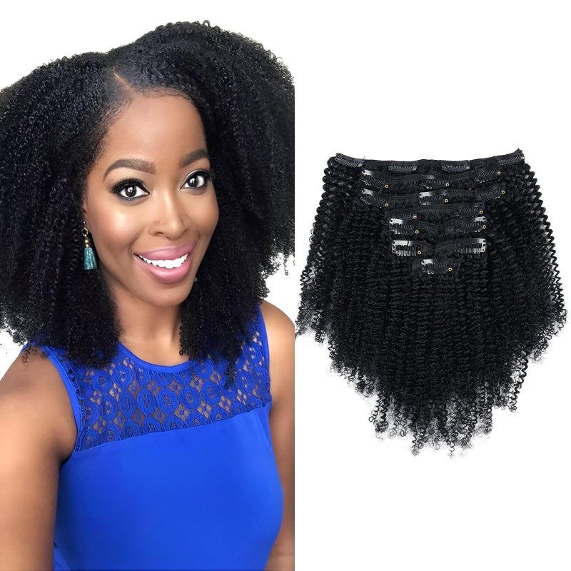 Sassina Afro Coily Clip in Human Hair Extensions for Black Women Double Wefts Remy Clip ins Hair Extensions Human Hair Jet Black 7 Pieces with 17 Clips 120 Grams Color 1 12 Inch