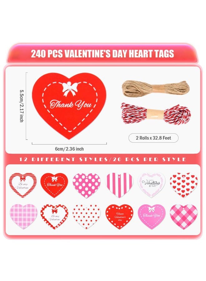 FOBSME 240 Pcs Heart Paper Gift Tags 2.36 Inch Valentine's Gift Tags Double Sided Printed Heart Hanging Tag with Twines for Valentine's Decorations, Gift Wrapping, Treat Bags, DIY Crafts(12 Styles) - Image 2