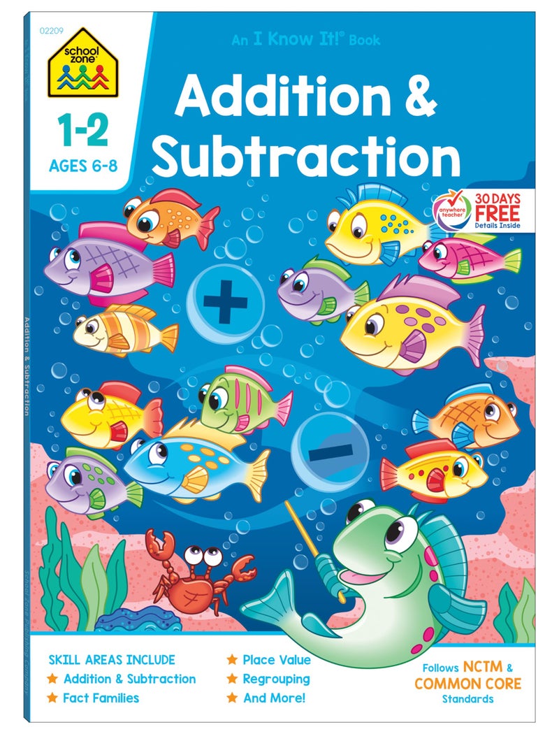 School Zone Addition & Subtraction Workbook: 64 Pages, 1st Grade, 2nd Grade, Elementary Math, Sums, Differences, Place Value, Regrouping, Fact Tables, Ages 6-8 (I Know It! Book Series) - Image 1