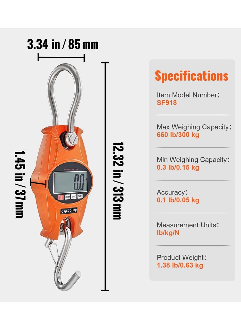 KASTWAVE - digital crane scale 660 lbs 300 kg industrial heavy duty hanging scale with cast aluminum case lcd screen handheld mini crane with hooks for farm hunting fishing outdoor garage orange - Image 1