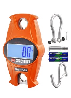 digital crane scale 660 lbs 300 kg industrial heavy duty hanging scale with cast aluminum case lcd screen handheld mini crane with hooks for farm hunting fishing outdoor garage orange