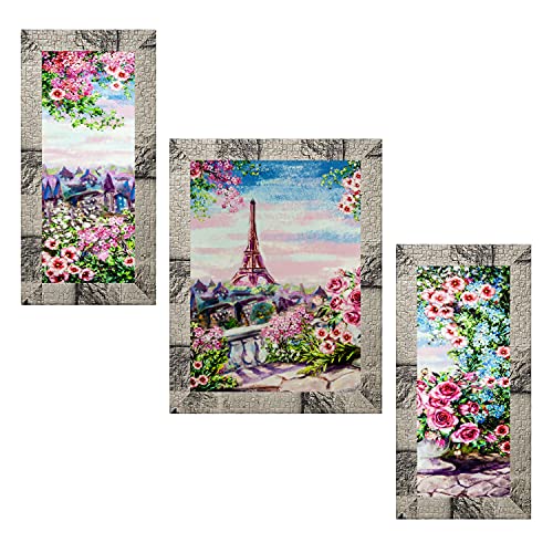 Indianara Set of 3 Stunning Pink Roses and Eiffel Tower at the Backdrop Framed Art Painting (3591MW) without glass 6 X 13, 10.2 X 13, 6 X 13 INCH - Image 1