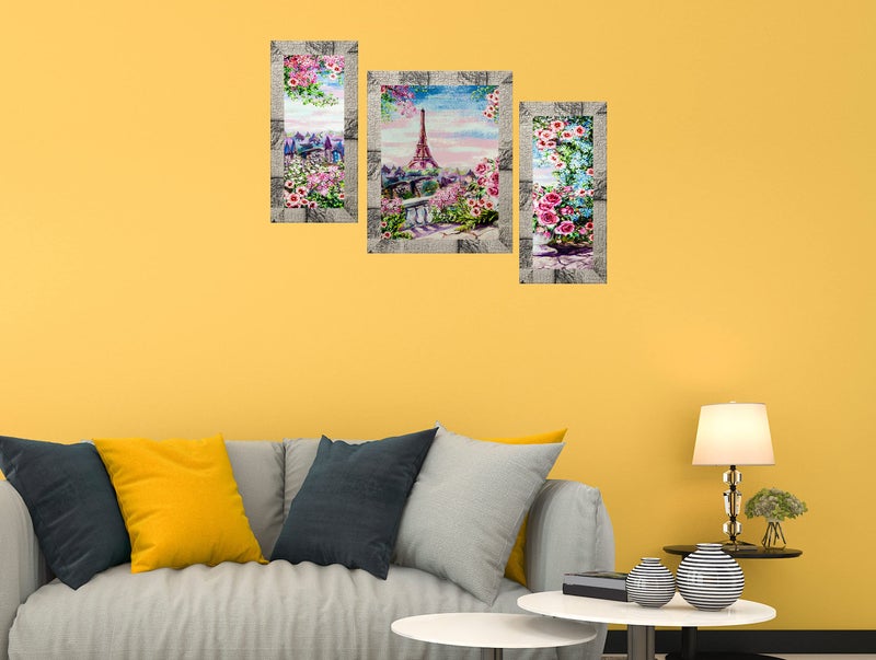 Indianara Set of 3 Stunning Pink Roses and Eiffel Tower at the Backdrop Framed Art Painting (3591MW) without glass 6 X 13, 10.2 X 13, 6 X 13 INCH - Image 3