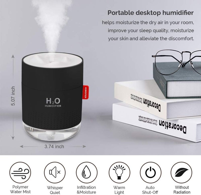 MOVTIP Portable Mini Cool Mist Humidifier, 500ml USB Personal Desktop Humidifier for Baby Bedroom Travel Office Home, Auto Shut-Off, 2 Mist Modes, Super Quiet (Black) - Image 2