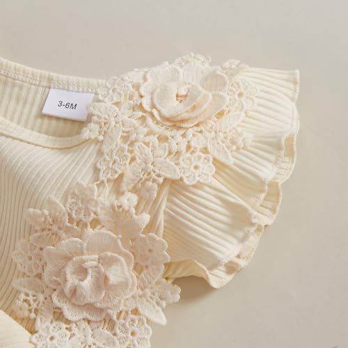 ZAXARRA Newborn Baby Girl Summer Dress Ruffle Sleeveless Floral Embroidery Romper Dress Headband Beautiful Clothes Set (Beige, 0-3 Months) - Image 3