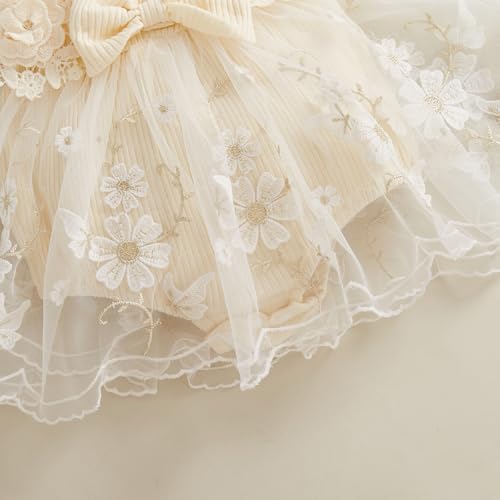 ZAXARRA Newborn Baby Girl Summer Dress Ruffle Sleeveless Floral Embroidery Romper Dress Headband Beautiful Clothes Set (Beige, 0-3 Months) - Image 5