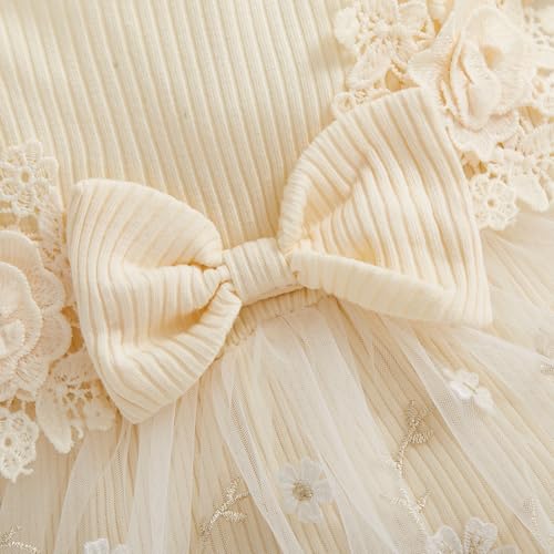 ZAXARRA Newborn Baby Girl Summer Dress Ruffle Sleeveless Floral Embroidery Romper Dress Headband Beautiful Clothes Set (Beige, 0-3 Months) - Image 4