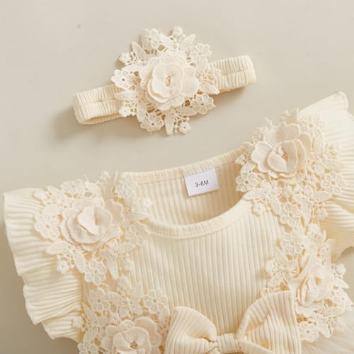 ZAXARRA Newborn Baby Girl Summer Dress Ruffle Sleeveless Floral Embroidery Romper Dress Headband Beautiful Clothes Set (Beige, 0-3 Months) - Image 2