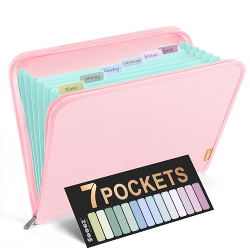 Sooez 7 Pockets Accordion File Organizer Zipper Expanding File Folder Heavy Duty Folder Organizer Sleek Letter Size Accordion Folder Portable Expandable File Folder for Documents Pink - Image 1