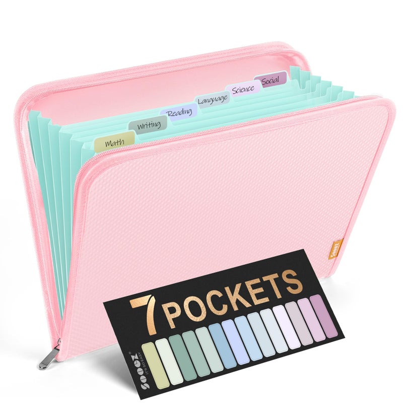 Sooez 7 Pockets Accordion File Organizer Zipper Expanding File Folder Heavy Duty Folder Organizer Sleek Letter Size Accordion Folder Portable Expandable File Folder for Documents Pink - Image 2