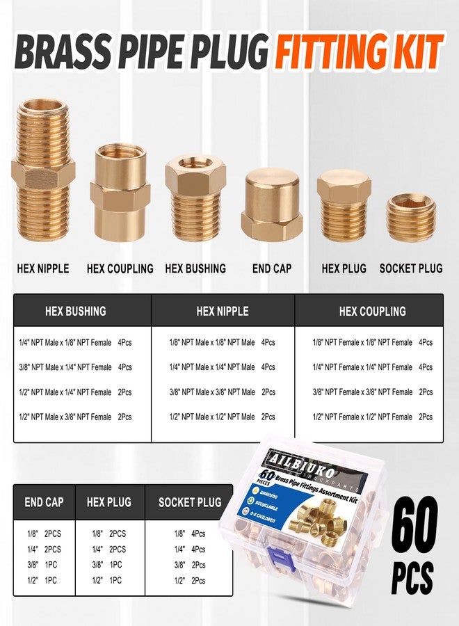 Ailbiuko 60pcs Brass Pipe Fittings Assortment Kit,Reducer Bushing,Hex,Reducing Hex Coupling,Hex Heand Plug,End Cap and Socket Plug Fitting Kit - Image 2
