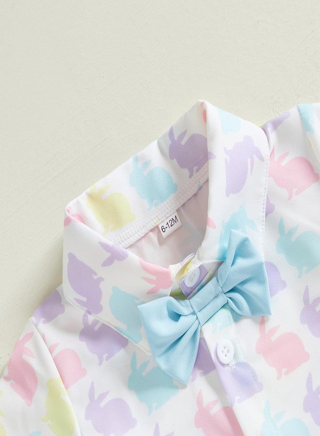 Rtnnsbbfcm Toddler Baby Boy Easter Outfit Short Sleeve Bunny Print Bow Tie Button Down Shirt Top Shorts 2Pcs Set, Blue, 2-3 years - Image 4