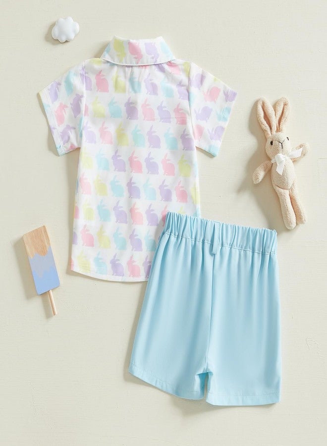 Rtnnsbbfcm Toddler Baby Boy Easter Outfit Short Sleeve Bunny Print Bow Tie Button Down Shirt Top Shorts 2Pcs Set, Blue, 2-3 years - Image 3