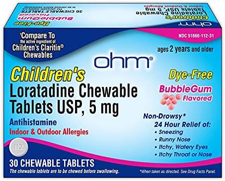 Ohm Childrens Loratadine Chewable Dye Free Bubblegum NonDrowsy 24h Relief of Sneezing Runny Nose Watery Eyes Itchy Throat or Nose Antihistamine Indoor  Outdoor Allergies 5mg 30 Tablets - Image 1