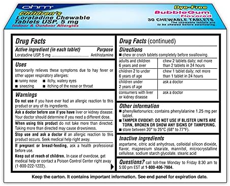 Ohm Childrens Loratadine Chewable Dye Free Bubblegum NonDrowsy 24h Relief of Sneezing Runny Nose Watery Eyes Itchy Throat or Nose Antihistamine Indoor  Outdoor Allergies 5mg 30 Tablets - Image 2