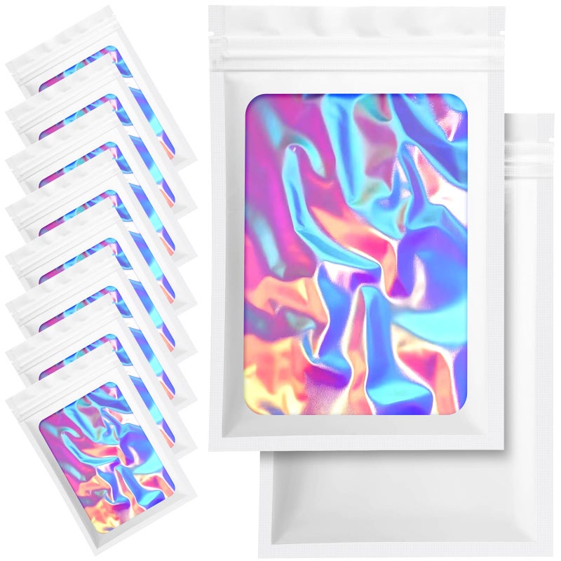 NIKUY 100 Pack Holographic Packaging Resealable Bags for Small Business 4 x 6 Inch Pouch Bags for Lipgloss Jewelry Cookies Sample  White