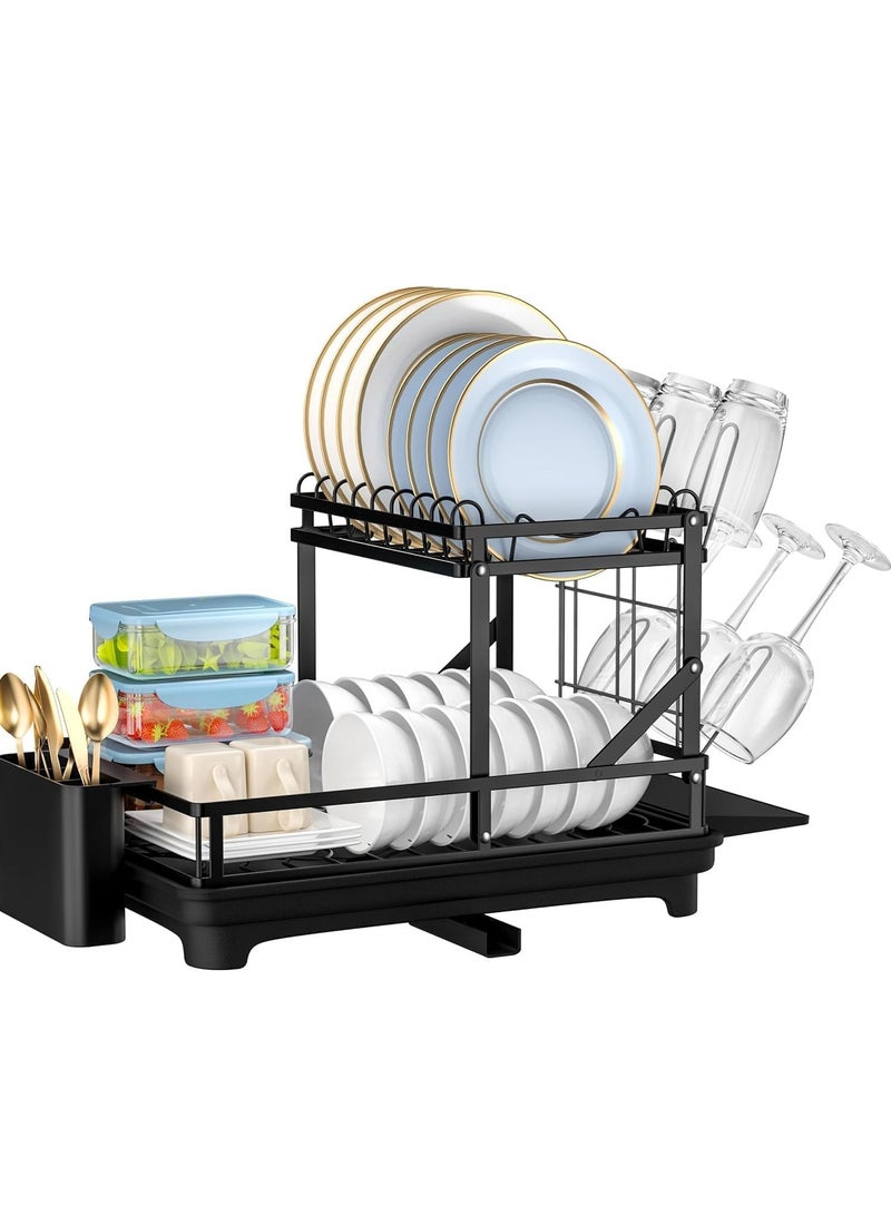 WENTCCION Dish Drying Rack, Multifunctional Dish Rack, Rustproof Kitchen Dish Drying Rack with Drainboard, Space-Saving 2-Tier Dish Drying Rack with a Large Capacity for Kitchen Counter Black - Image 1