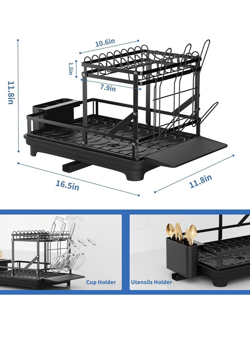 WENTCCION Dish Drying Rack, Multifunctional Dish Rack, Rustproof Kitchen Dish Drying Rack with Drainboard, Space-Saving 2-Tier Dish Drying Rack with a Large Capacity for Kitchen Counter Black - Image 2