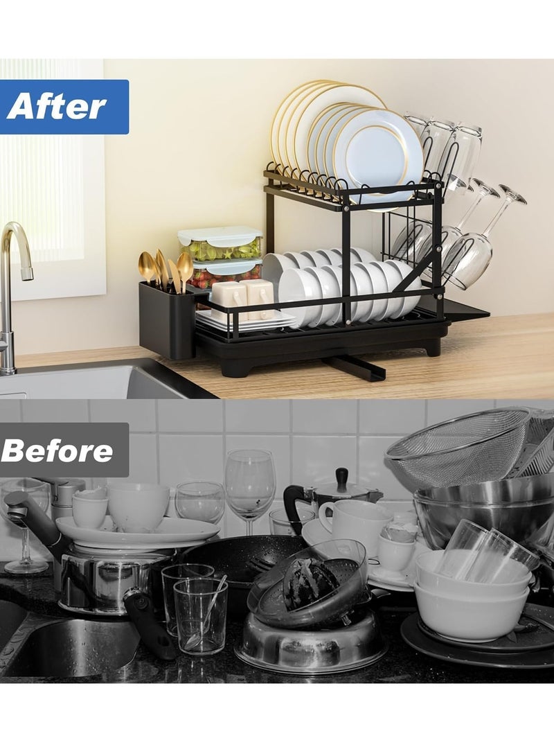 WENTCCION Dish Drying Rack, Multifunctional Dish Rack, Rustproof Kitchen Dish Drying Rack with Drainboard, Space-Saving 2-Tier Dish Drying Rack with a Large Capacity for Kitchen Counter Black - Image 4