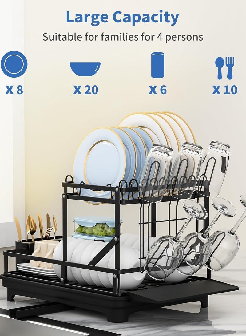 WENTCCION Dish Drying Rack, Multifunctional Dish Rack, Rustproof Kitchen Dish Drying Rack with Drainboard, Space-Saving 2-Tier Dish Drying Rack with a Large Capacity for Kitchen Counter Black - Image 5