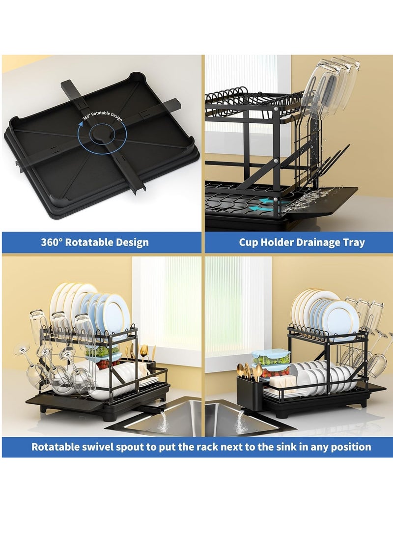 WENTCCION Dish Drying Rack, Multifunctional Dish Rack, Rustproof Kitchen Dish Drying Rack with Drainboard, Space-Saving 2-Tier Dish Drying Rack with a Large Capacity for Kitchen Counter Black - Image 3
