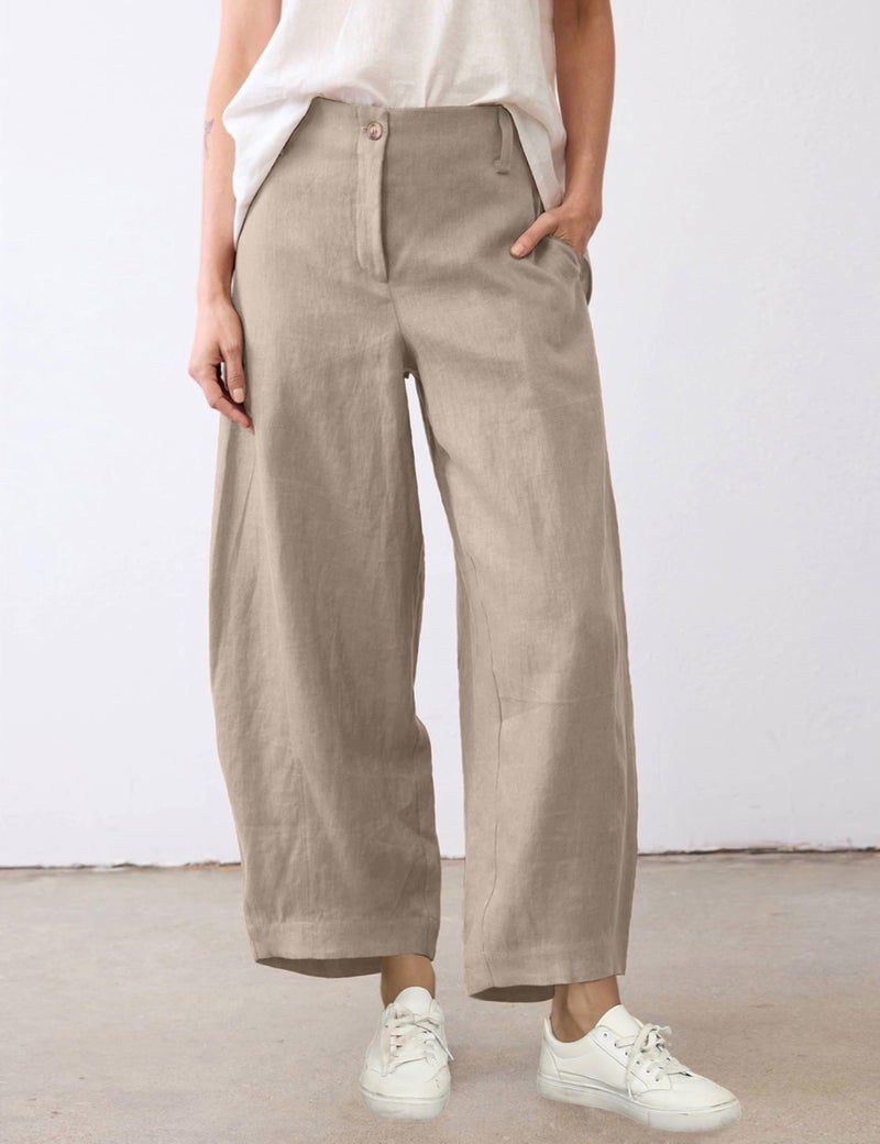 Tanming Womens Linen Pants Casual Capri Baggy Wide Leg Trousers Palazzo Pants Beach Vacation Outfits (Khaki-L) - Image 2