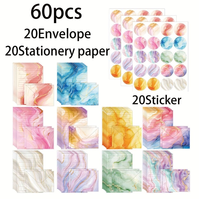 60 Pcs Marble Texture Watercolor Stationery Envelope Set High End Postcard Party Invitations - Image 1