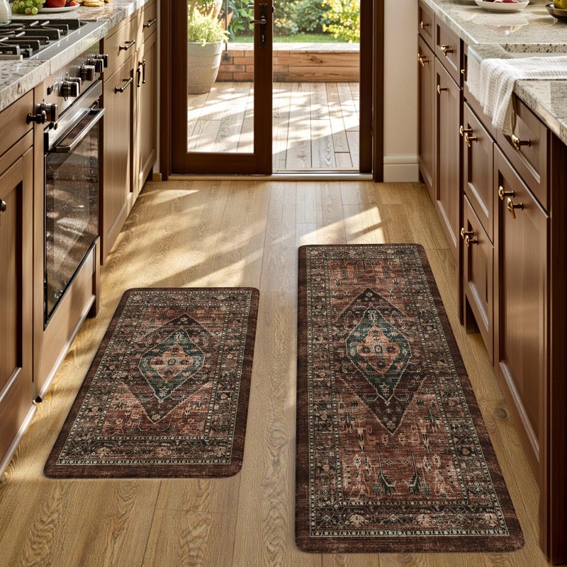 KIMODE Anti Fatigue Kitchen Mats for Floor, Boho Floral Kitchen Rugs Sets of 2, Brick Cushioned Kitchen Floor Mats, Non Slip Standing Desk Mat for Sink Laundry Office Desk 20"x47"+20"x32" - Image 1