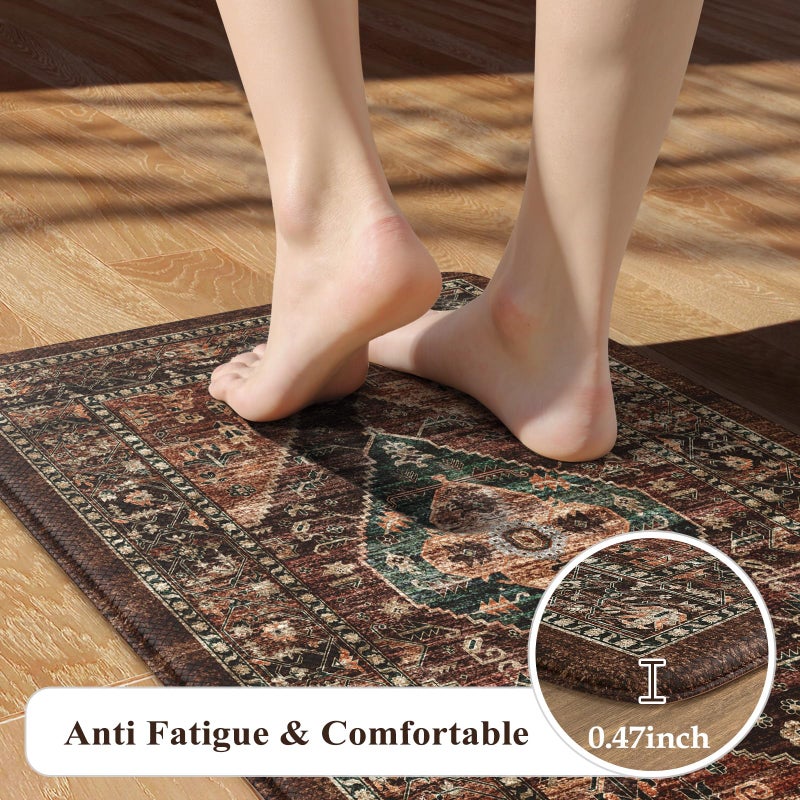 KIMODE Anti Fatigue Kitchen Mats for Floor, Boho Floral Kitchen Rugs Sets of 2, Brick Cushioned Kitchen Floor Mats, Non Slip Standing Desk Mat for Sink Laundry Office Desk 20"x47"+20"x32" - Image 3