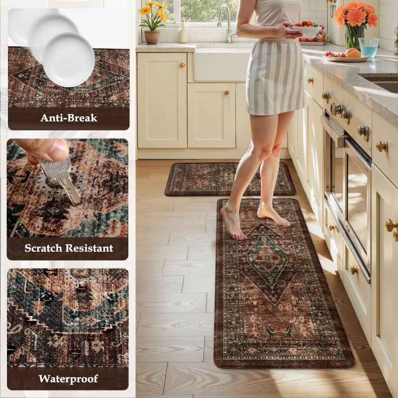 KIMODE Anti Fatigue Kitchen Mats for Floor, Boho Floral Kitchen Rugs Sets of 2, Brick Cushioned Kitchen Floor Mats, Non Slip Standing Desk Mat for Sink Laundry Office Desk 20"x47"+20"x32" - Image 5