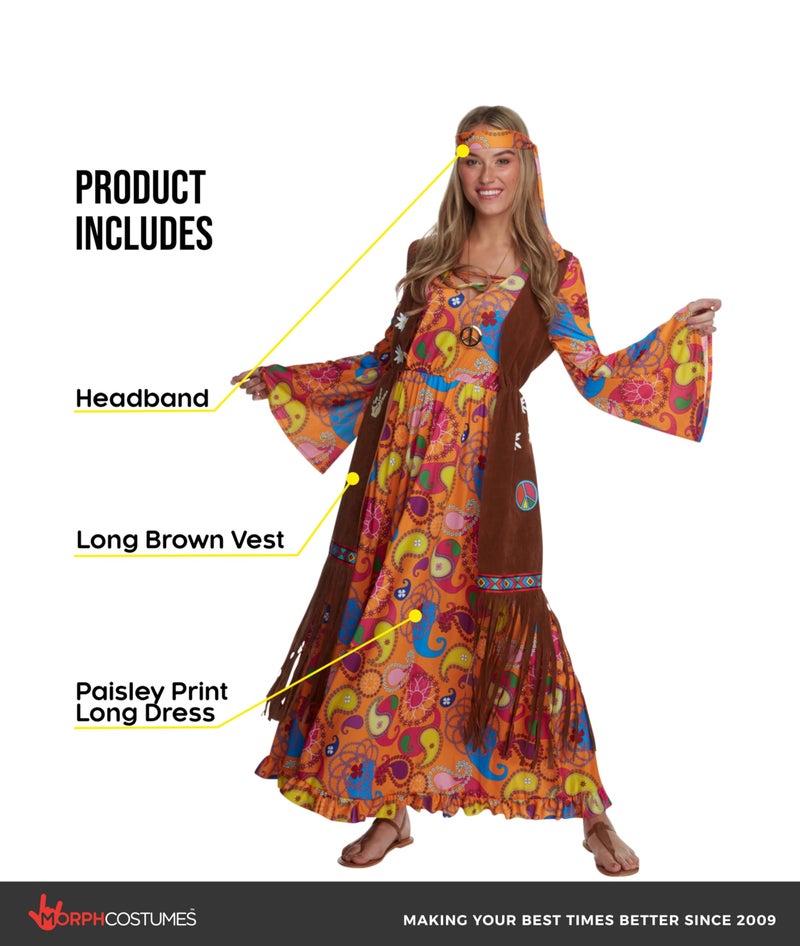 Morph Hippie Costume Women, 70s Costume For Women, 70s Long Dress, Womens 60s Halloween Costumes, Womens Halloween Costumes, Small - Image 2