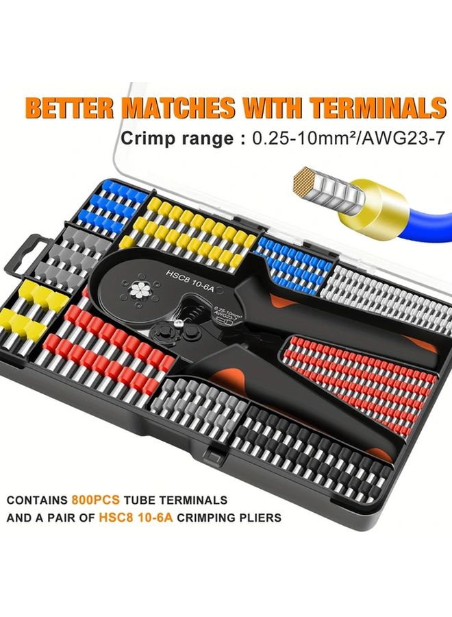 THSC8 10 6A European Tube Type Pliers Hexagonal Cold Press Terminal Crimping Tool 800pcs Connector Set - Image 1