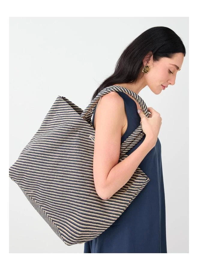 Jimmy Key Navy Blue Line Patterned Textured Hand and Shoulder Bag.