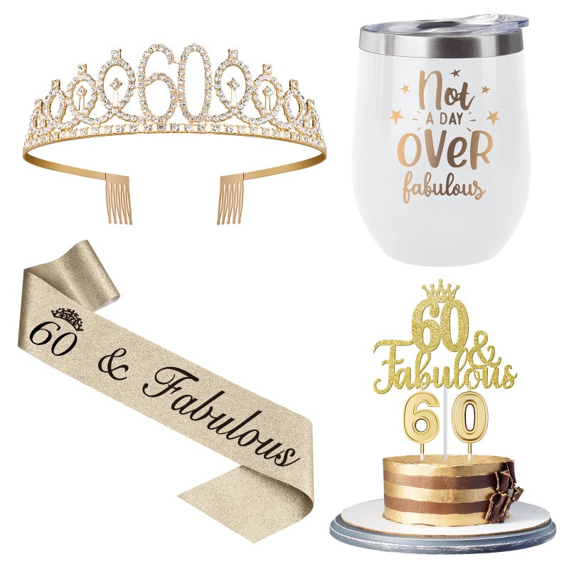 60th Birthday Decorations Gifts for Women with 12oz Coffee Wine Tumbler Mug Birthday Crown Sash Cake Topper and Candles 60 Year Old Gifts Idea