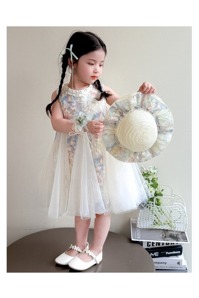2‑3 Y Toddler Summer Baby Girl A Line Tulle Dress and Matching Sun Hat Set, Fit for Height 90‑100 cm, Pastel Floral, Ideal for Eid, Birthdays, Weddings, Photoshoots, Beach, Park, Travel, Daily Wear - Image 1