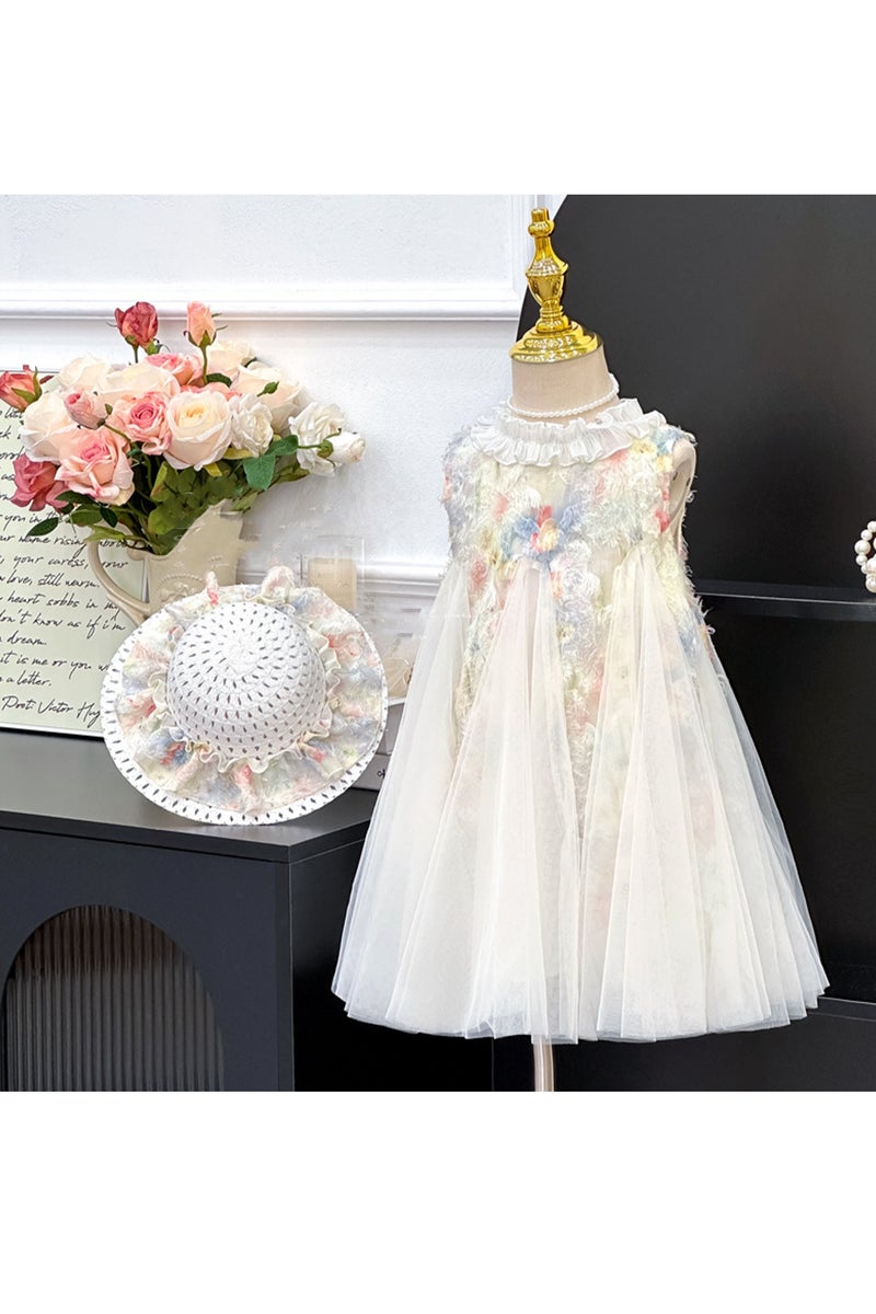 2‑3 Y Toddler Summer Baby Girl A Line Tulle Dress and Matching Sun Hat Set, Fit for Height 90‑100 cm, Pastel Floral, Ideal for Eid, Birthdays, Weddings, Photoshoots, Beach, Park, Travel, Daily Wear - Image 2