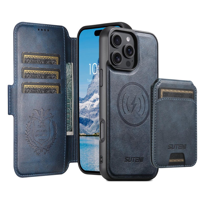 Suteni For Iphone 13 Q06S2 3-In-1 Detachable Vertical Flip Wallet Magsafe Splicing Leather Phone Case(Blue) - Image 2