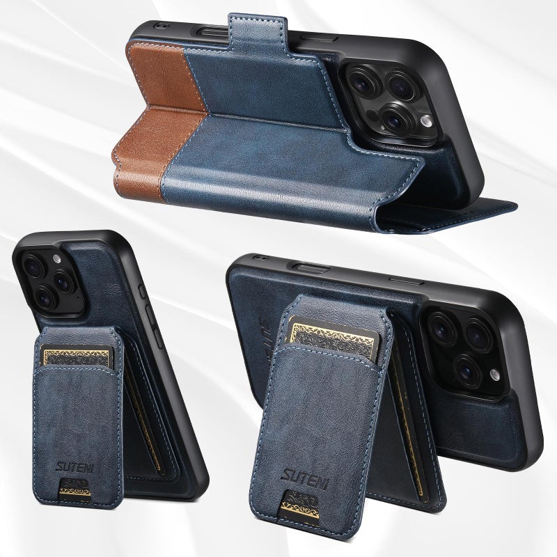 Suteni For Iphone 13 Q06S2 3-In-1 Detachable Vertical Flip Wallet Magsafe Splicing Leather Phone Case(Blue) - Image 3