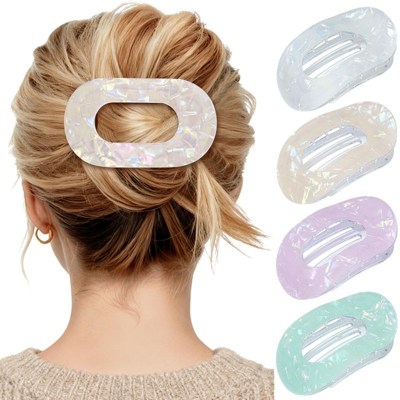 Mesovor 4 Pack French Flat Hair Clips for Women, 3.74" Nonslip Stylish Round Duckbill Lay Flat Hair Claw | Side Slide Volume Flat Hairclips for Lying Down, Yoga, Driving (Mermaid Colorful) - Image 1