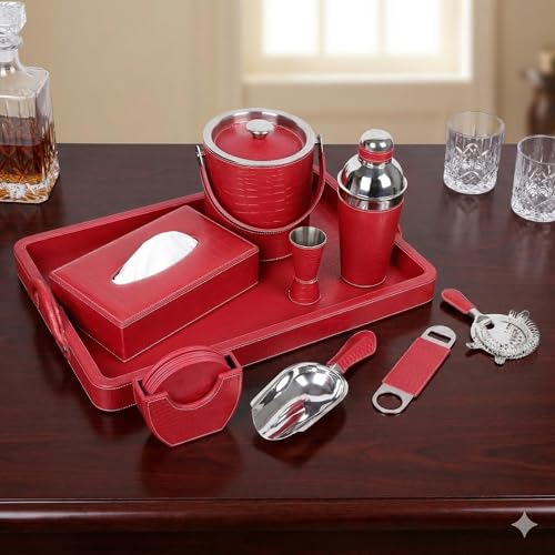 essart Faux Leather Red Croco Faux Leather Bar Set Cocktail Shaker, Insulated Ice Bucket with Scoop, Large Serving Tray, 4 Coasters, Jigger, Bottle Opener, Strainer & Luxury Tissue Box Cover - Image 2