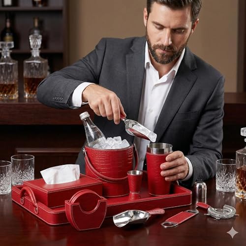 essart Faux Leather Red Croco Faux Leather Bar Set Cocktail Shaker, Insulated Ice Bucket with Scoop, Large Serving Tray, 4 Coasters, Jigger, Bottle Opener, Strainer & Luxury Tissue Box Cover - Image 4