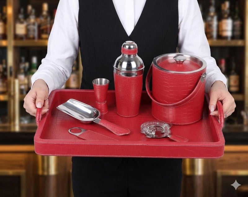 essart Faux Leather Red Croco Faux Leather Bar Set Cocktail Shaker, Insulated Ice Bucket with Scoop, Large Serving Tray, 4 Coasters, Jigger, Bottle Opener, Strainer & Luxury Tissue Box Cover - Image 3