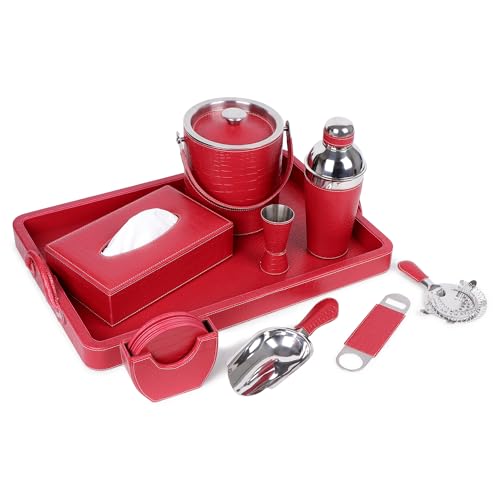 essart Faux Leather Red Croco Faux Leather Bar Set Cocktail Shaker, Insulated Ice Bucket with Scoop, Large Serving Tray, 4 Coasters, Jigger, Bottle Opener, Strainer & Luxury Tissue Box Cover - Image 5